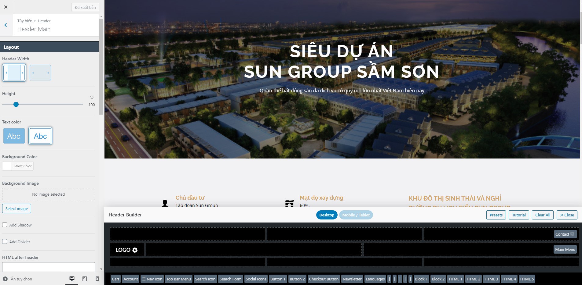 Header của Ux builder wordpress có thể tinh chỉnh dễ dàng