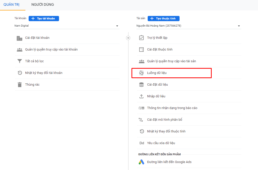 Vào phần luồng dữ liệu, access vào sản phẩm Website