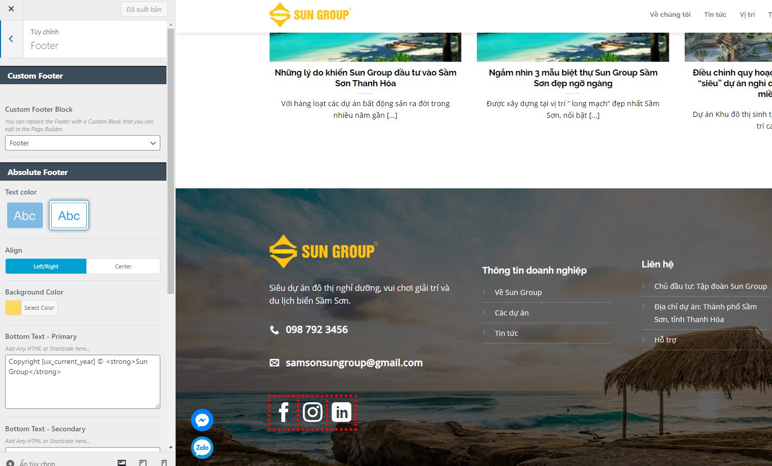 Xây dựng Footer Ux builder WordPress